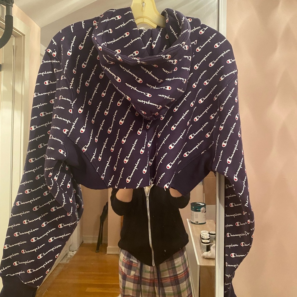 Champion Navy Blue Cropped Hoodie Sz Xs Diagonal … - image 2